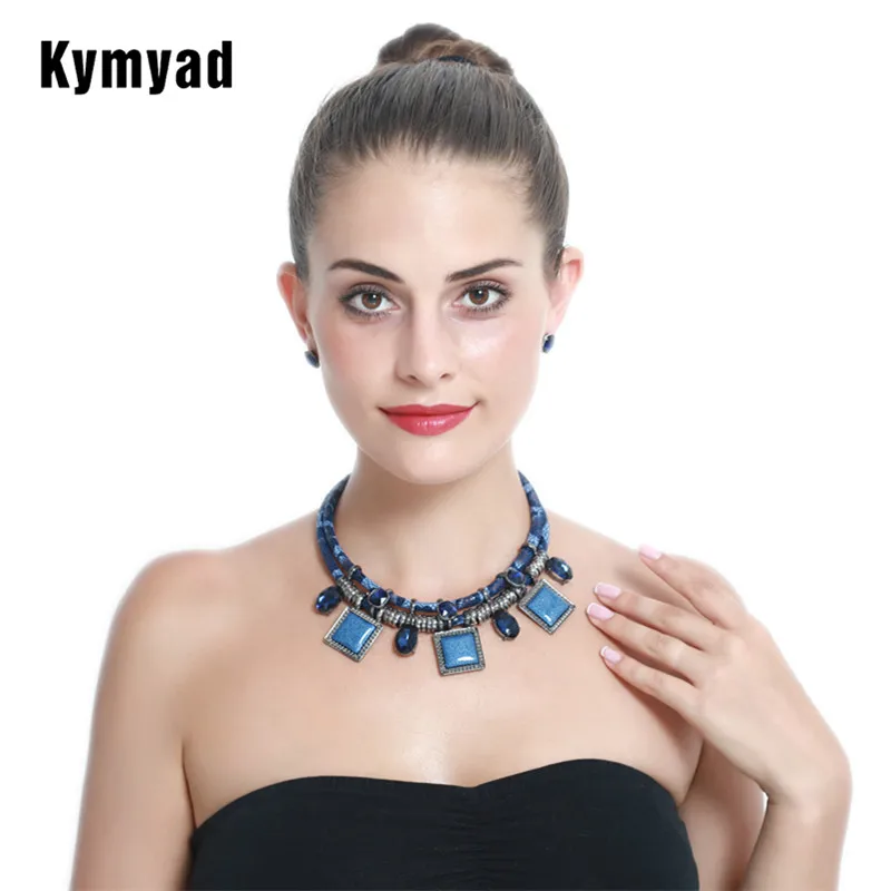 Kymyad Vintage Jewelry Sets For Women Geometric Resin Square Pendant Necklace Earrings Set Crystal Stone Jewelry Set