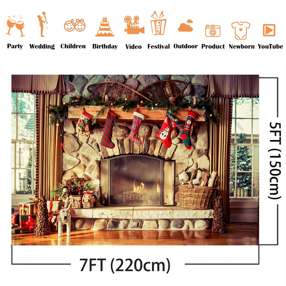 Фон для фотосъемки с изображением зимнего кирпича камина и окон Рождественский день рождения