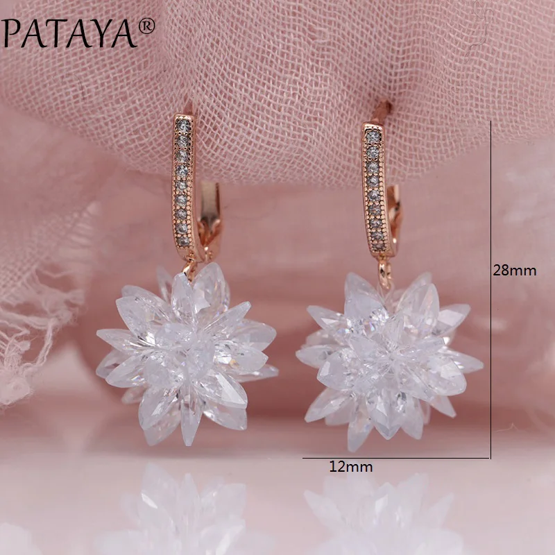 PATAYA New 585 Rose Gold Color Micro-wax Inlay Manual Ball Natural Zircon Long Drop Earrings Women Wedding Luxury Fine Jewelry