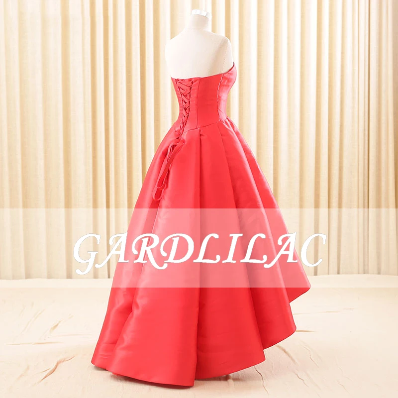 Gardlilac Elegant Satin Sweetheart Red Evening Dresses  A-Line Hi-Low Formal Prom Party Gowns With Pockets