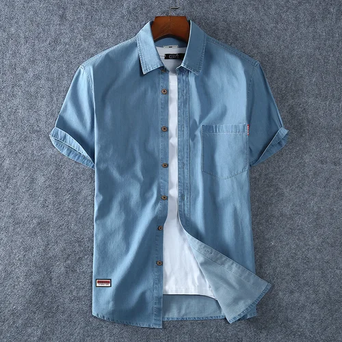 Imagen 2 del producto Camisas vaqueras azules para hombre, camisas vaqueras de manga corta, nuevas camisas vaqueras de algodón azul claro de alta calidad para verano, L-8XL de talla grande