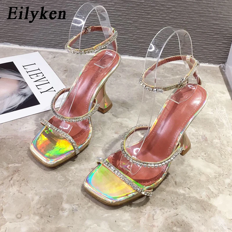 Eilyken Design Square Toe Woman Sandals Fashion Crystal Diamond PU Leather Ankle Buckle Strap Strange High Heels Summer Shoe