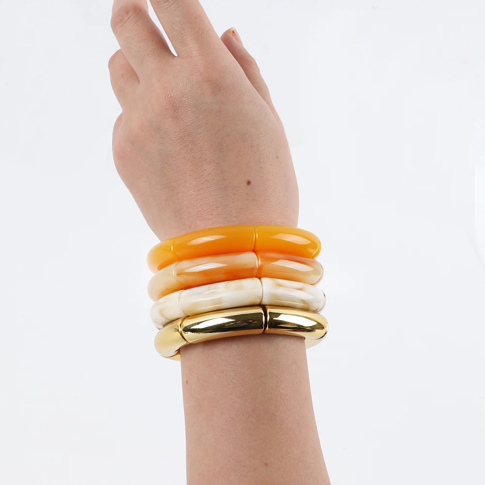 Trendy Resin Geometric Beaded Bracelets on Hand Acrylic Bamboo Tube Bangles Bracelets For Women Fashion Jewelry Valentines Gift