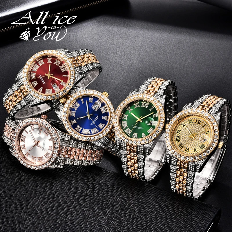 ALLICEONYOU New Gold Silver Color Cubic Zirconia Watches Hip Hop Fashion High Quality Stone Bracelet Stainless Steel For Gift