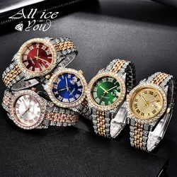 ALLICEONYOU New Gold Silver Color Cubic Zirconia Watches Hip Hop Fashion High Quality Stone Bracelet Stainless Steel  For Gift