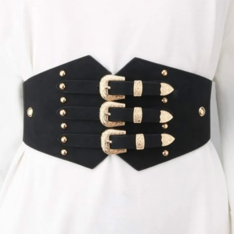 

Women Personalized Gold Rivet Wide Waistband Three Row Buckle Belt Dress Decorative Super Band Elastic Fashion Black