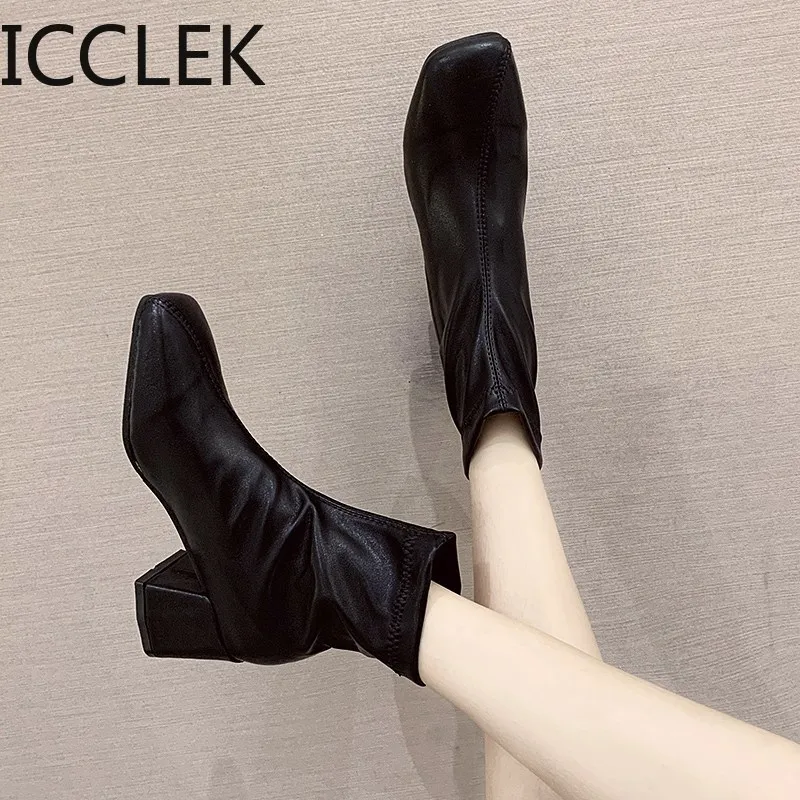 2020 Autumn New Women Boots Leather Sock Boots 6 CM High Heel Square Toe Fashion Lady Casual Pumps Boots Shoes