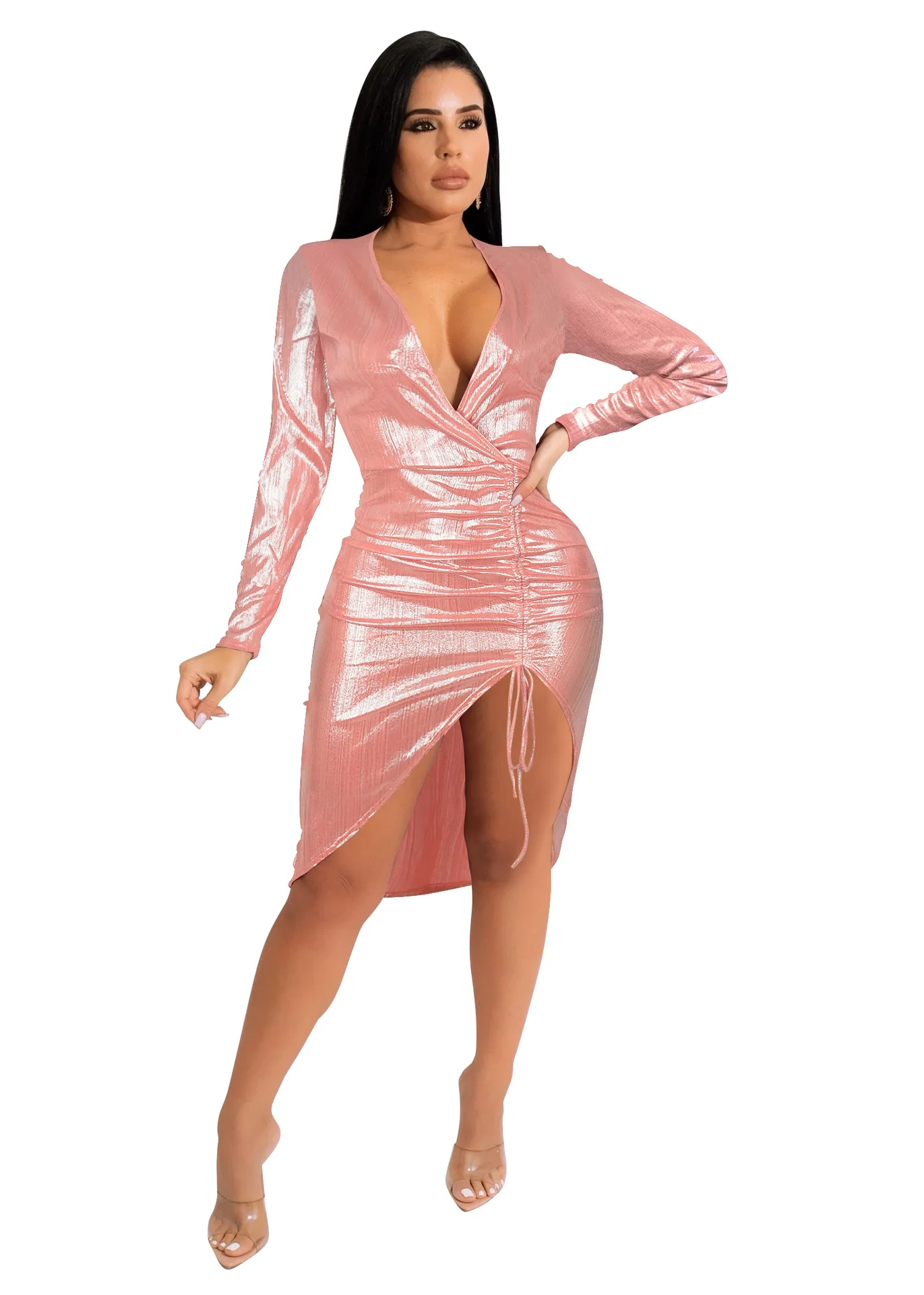 Casual Glitter Metallic Gilding Deep V Neck Ruched Pleated Mini Dress Sexy High Split Bandage Party Club Dresses Outfit Vestidos