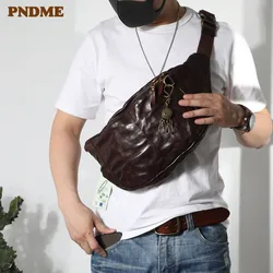 PNDME-Bolsa de Peito de Couro Genuíno Masculina, Sacos Mensageiro Casuais, Grande Couro Macio, Moda Vintage, Alta Qualidade, Adolescentes