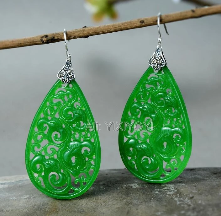 Beautiful 925 Silver Green Jade Hollow Flower Dropping Dangle Ancient Design Lucky Earring Charm Gift Earrings Fine Jewelry