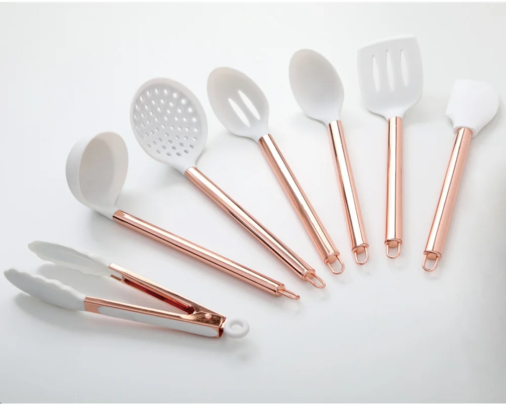 7 Piece Set White Silicone and Copper Cooking Utensils for Modern Cooking and Serving, Stainless Steel Copper Serving Utensils