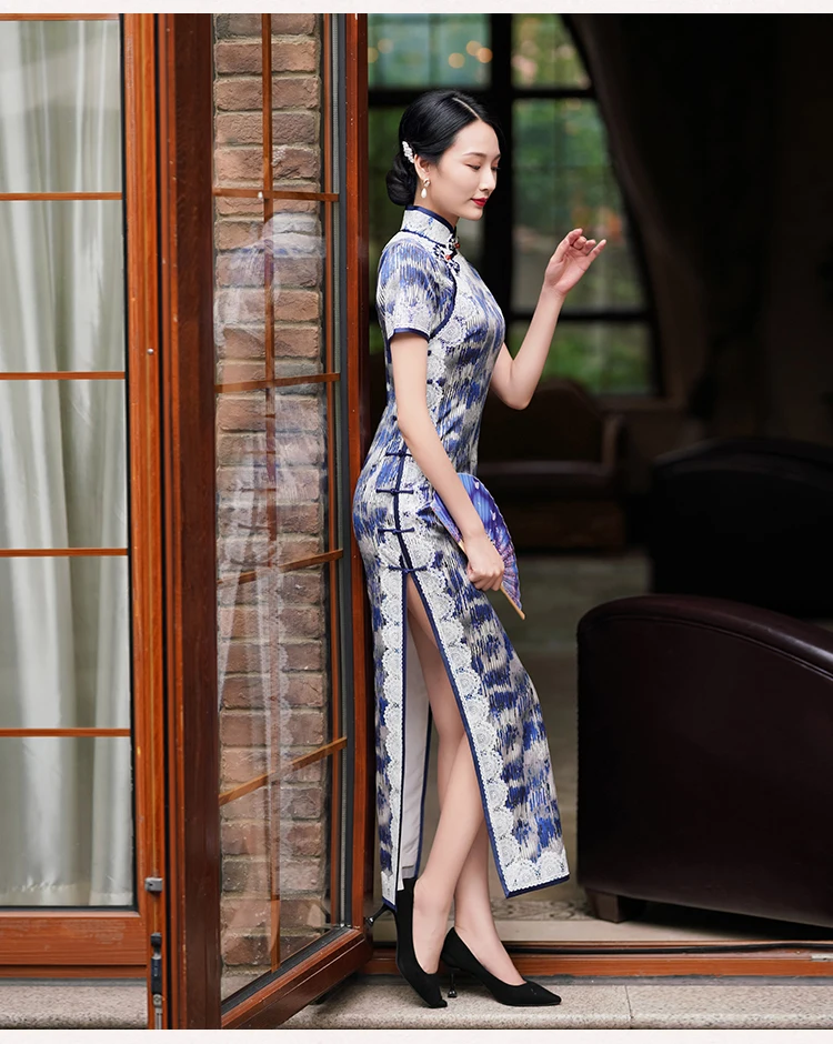 Silk Qipao Evening Dresses Blue Print Cheongsam Dress Retro Lace Cheongsams Traditional Qipao Chinese Dress Oriental Dress