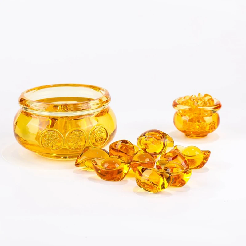 Feng Shui Chinese Crystal Gold Ingots, Yellow Wealth, Cornucopia Treasure Bowl, Statue Decoration