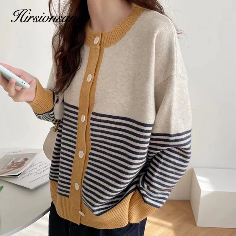 Hirsionsan Autumn Winter Striped Patchwork Knit Cardigans Women Single Breasted Vintage Korean Sweaters Female Cropped Cardigan