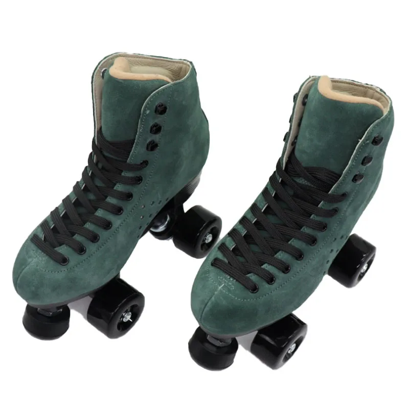 Jasper Green Quad Roller Skate for Men and Women, Suede Leather, Double Line Skate, Pro Sport, Retro 4 Wheel Patines Shoes