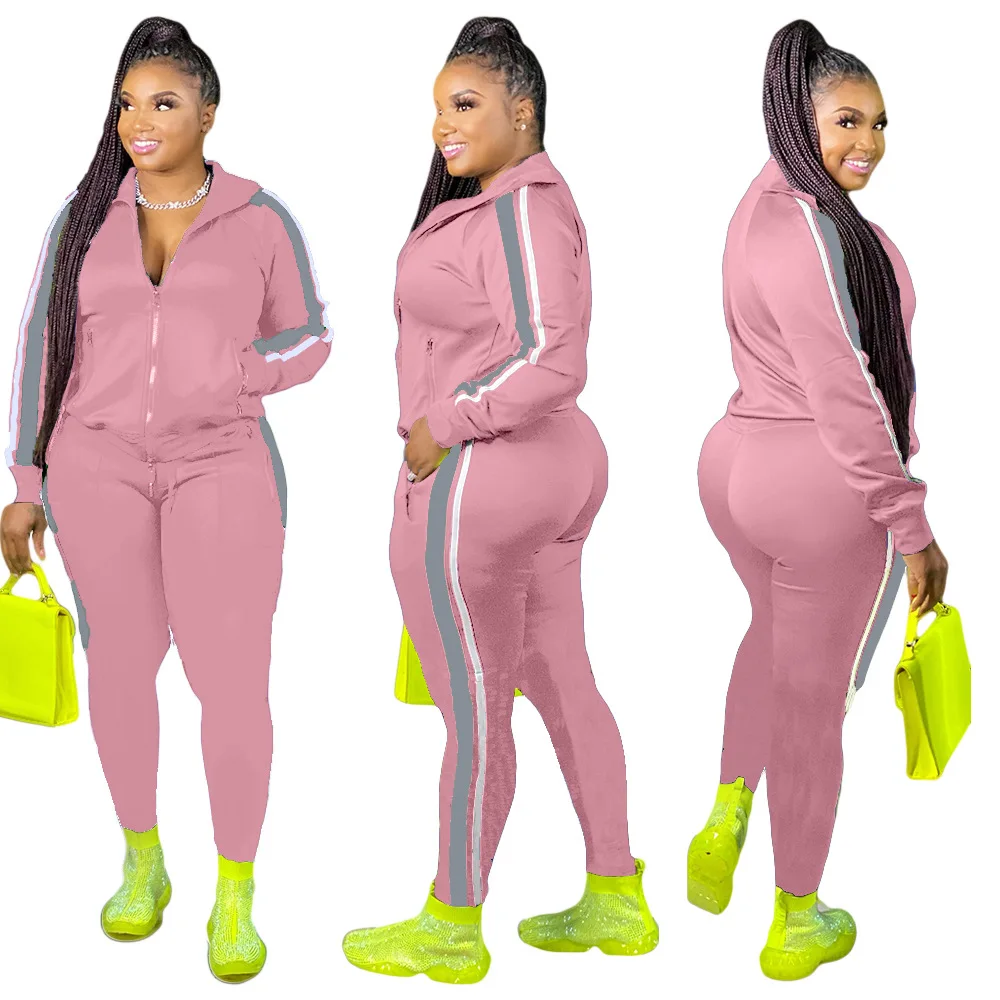 L-4XL Sport large plus size two piece set women clothing Splicing zip long sleeve top and pants suit Wholesale dropshopping