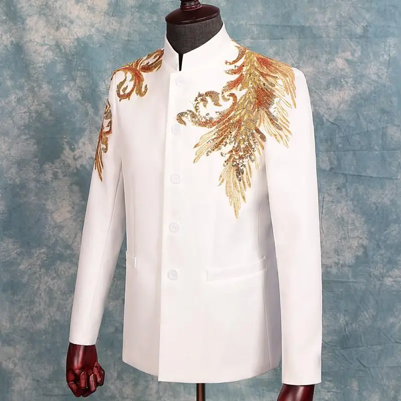 (Jacket+Pants) Chinese Style Men\'s Suits Sequins Embroidery Blazers Stand Collar Tuxedo Dress Singer Host Stage Costume 2 Pieces