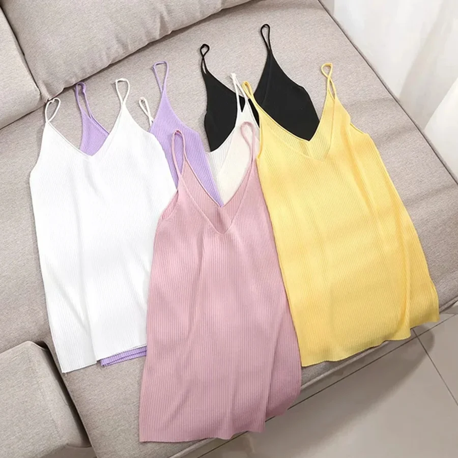 Withered Multticolor Colorful Basic Elastic Camisole Summer Spaghetti Knitted T Shirt Women Camisetas Verano Mujer 2022 Tops