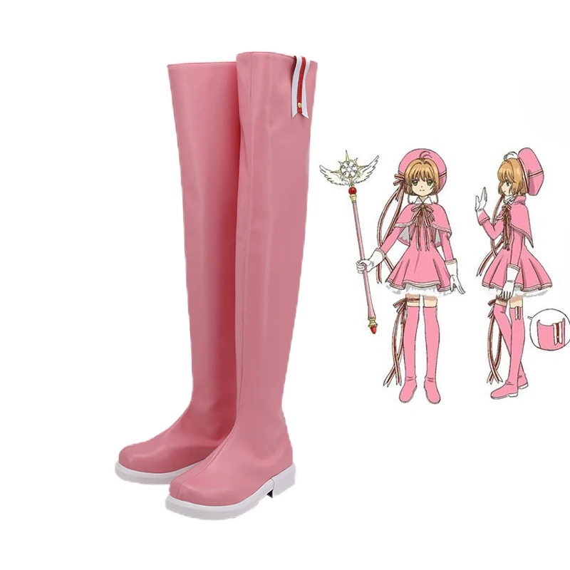 

New Cardcaptor Sakura Kinomoto Sakura Clear Card Cosplay Shoes Knee Length Pink Boots PU Leather High Heels Zipper Women Shoes