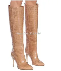 New Popular Crocodile Print Stiletto Heel Knee High Boots Woman Sexy Pointed Toe Snakeskin Leather Long Boots Lady Knight Boots