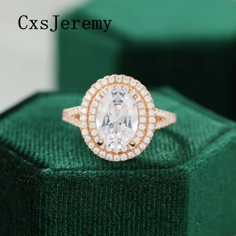 

CxsJeremy Oval Cut 7*9mm Moissanite Engagement Ring 14K Au585 Rose Gold 2CT Vintage Double Halo Wedding Band for Women Gifts