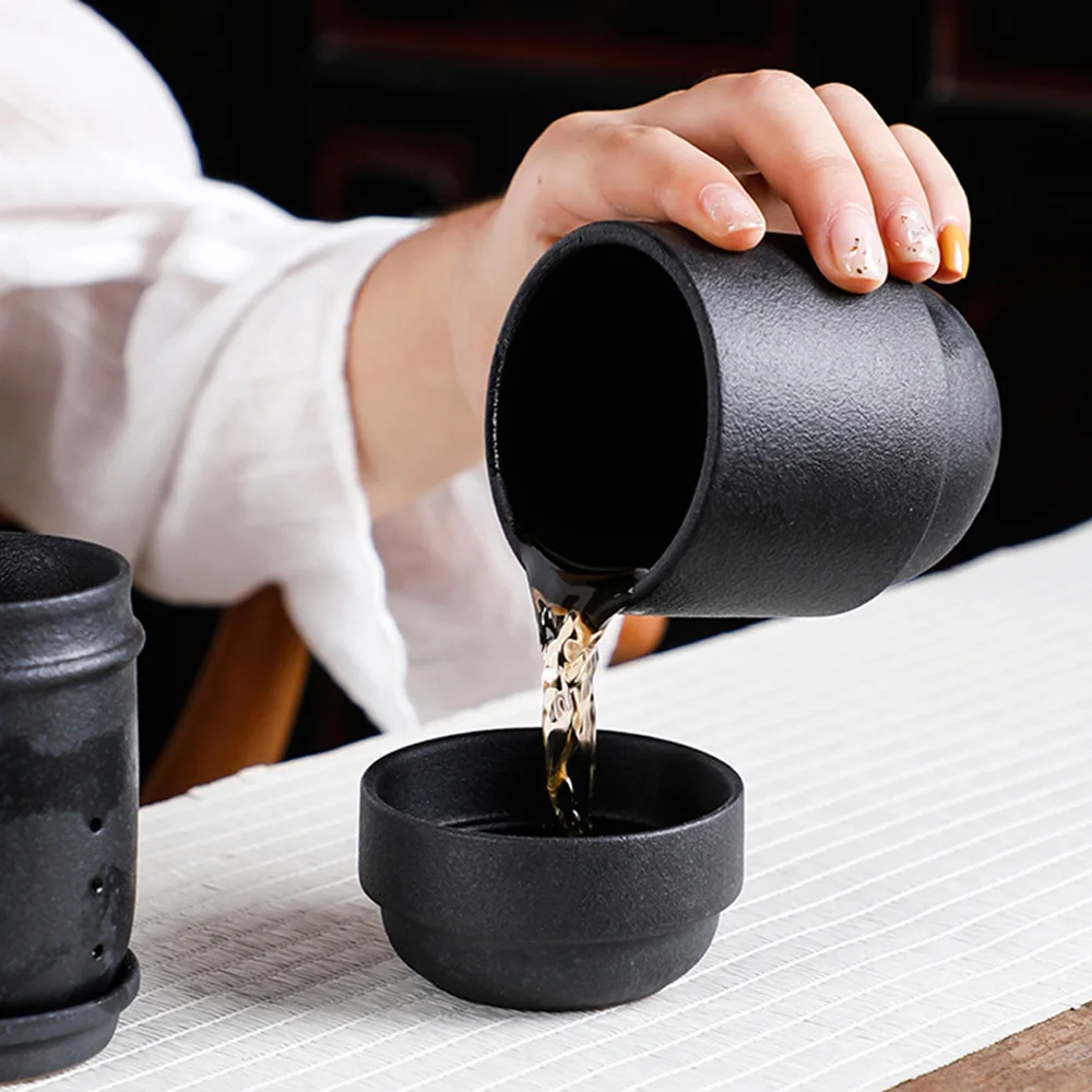 HMLOVE Black Ceramic Teawear 1 Pot 4 Cups Gaiwan Chinese Kung Fu Tea Portable Travel Set Business Gift Teapot 160ML