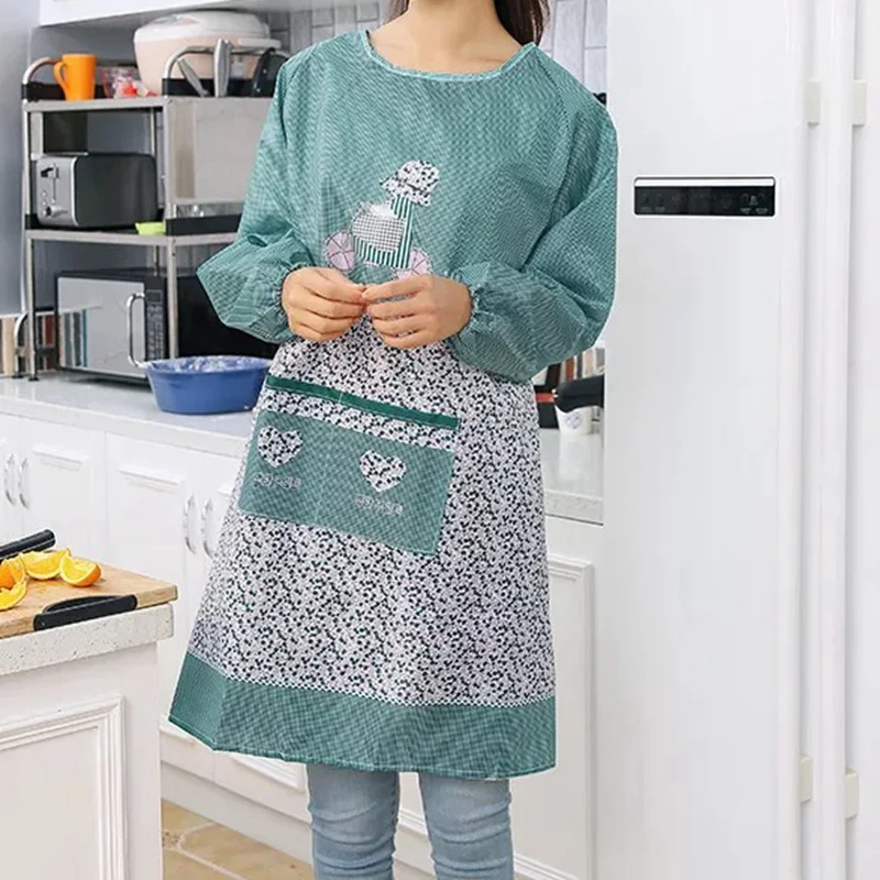 Fashion Women Kitchen Apron Long Sleeve Apron Cooking Baking Restaurant Workwear Waterproof Household Cleaning Tools BBQ Bib