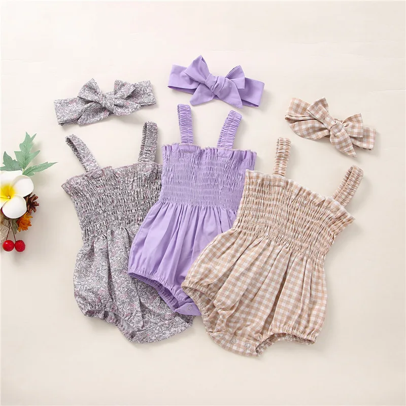 3 Colors Lovely Baby Girls Summer Clothes Princess Newborn Cotton Casual Floral Frill Sling Rompers Jumpsuits Headband Outfits