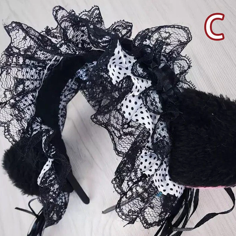 Maid Women Ruffles Lace Headband Plush Cat Ears Ribbon Bell Hair Hoop Cosplay and Material is lace, plush