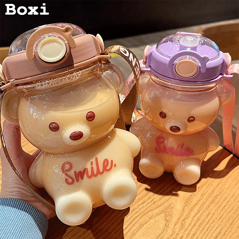 Kawaii Bear Plastic Water Bottle With Straw Portable Strap Cute Kids Bottles For Girls Summer Large Capacity Milk Bubble Tea Cup