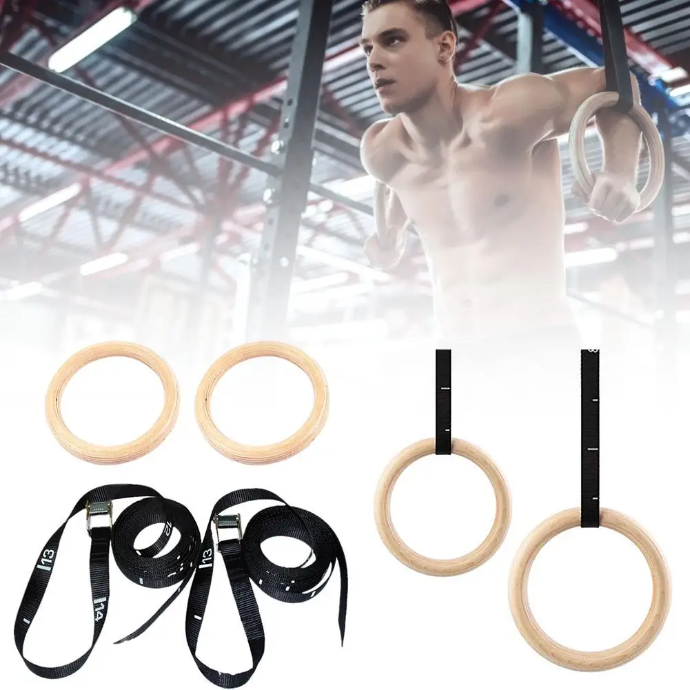 Wooden Gymnastics Rings with Adjustable Cam Buckle 14.76ft Long Straps Nonslip Training Exercise for Home Gym Full Body Workout