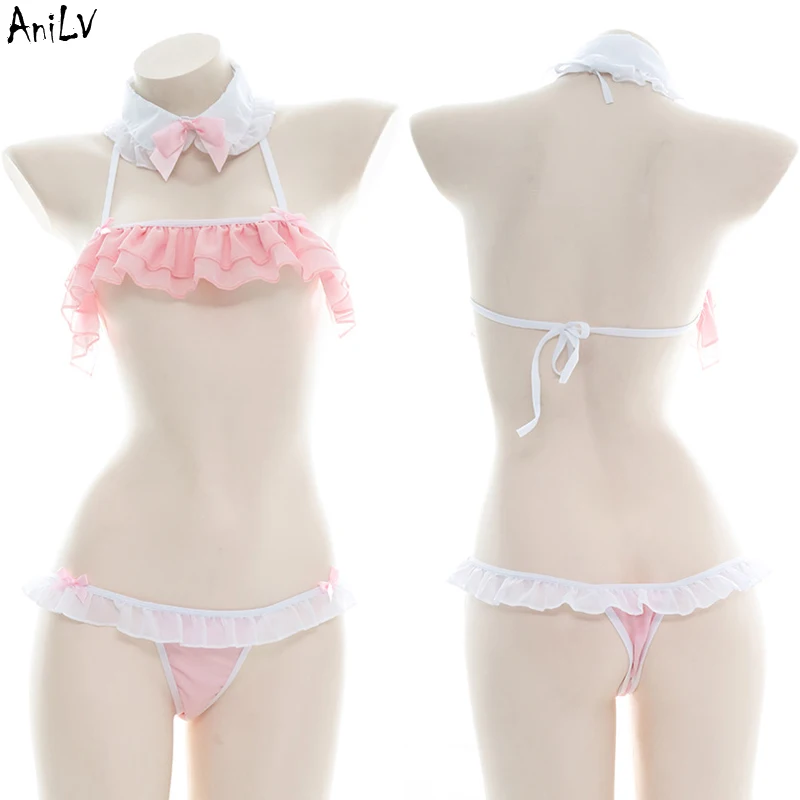 AniLV Anime Lolita Girl Beach Bikini Swimsuit Costume Women Kawaii Sexy Chiffon Ruffle Pajamas Unifrom Lingerie Cosplay