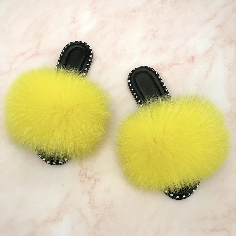 Fluffy Slippers Rivet Jelly Sandals Fur Flip Flops Ladies Indoor Luxury Shoes Women 2024 Sandals Wholesale Real Fur Slides