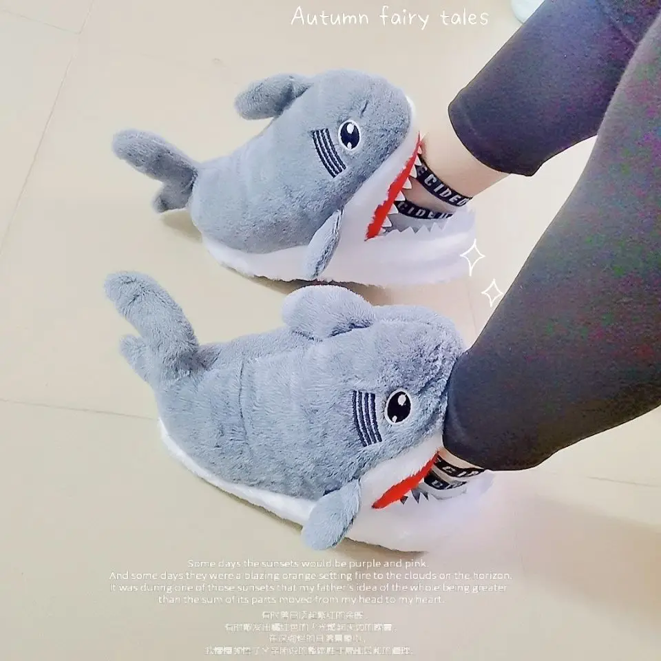 Funny Fuzzy Shark Slippers Men Women Free Size Winter Indoor Cotton Shoes Girls Adult Fluff Animal Slippers House Shoes Fish