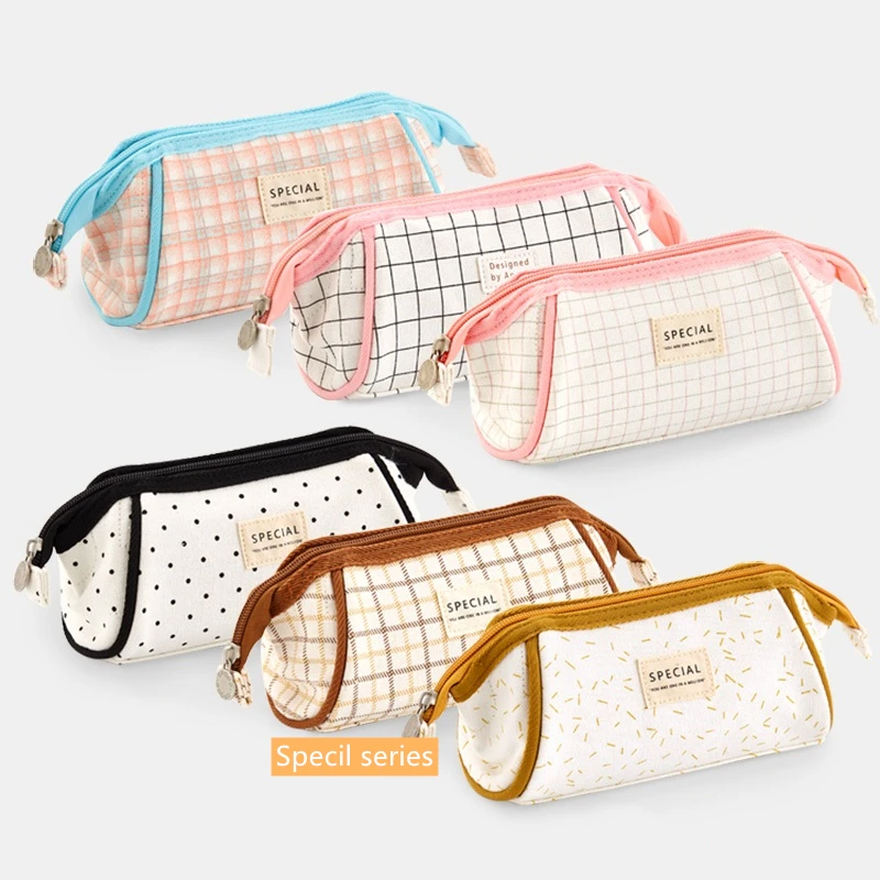 Angoo Swallow Tail Pen Pencil Bag Case Retro Stripe Dots Plaid Canvas Storage Pouch for Stationery School A6525