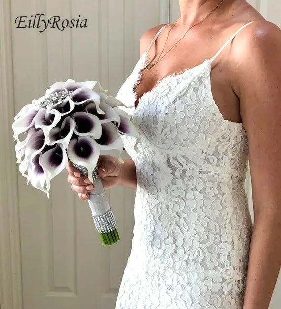 EillyRosia Cala Lily Wedding Bouquet for Bride Brooch Sequined Purple Ribbon Bridesmaid Bridal Bouquet Fleur Artificielle