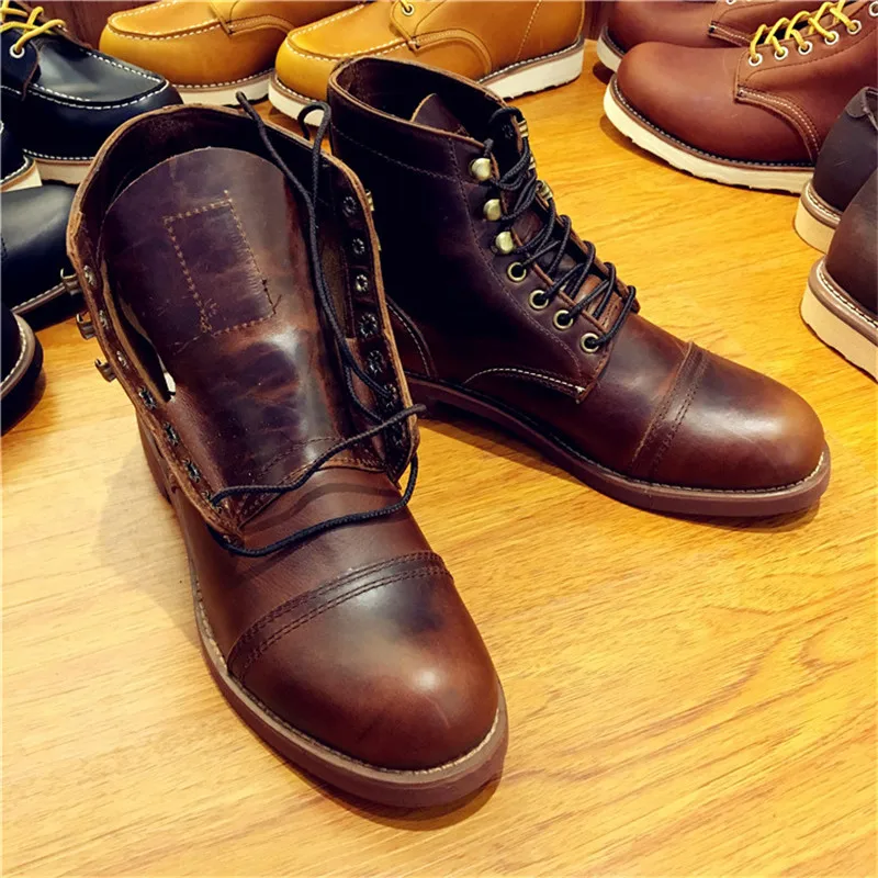 New Vintage Handmade Men Boots British High Quality Genuine Leather Ankle Boots Wings Autumn Winter Round Toe Motorcycle Boots