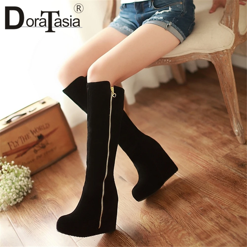 DORATASIA Big Size 32-43 Female Knee High Boots 2020 Concise Boots Women Round Toe Platform Wedges High Heels Zip Shoes Woman