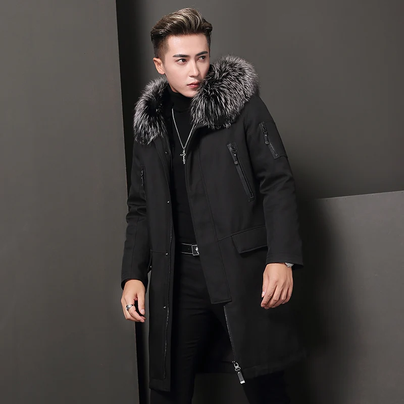 Coat Winter Real Fur Men Rabbit Fur Liner Parka Coats 2021 Streetwear Warm Long Jacket Luxury Fox Fur Hooded Cloth 541810