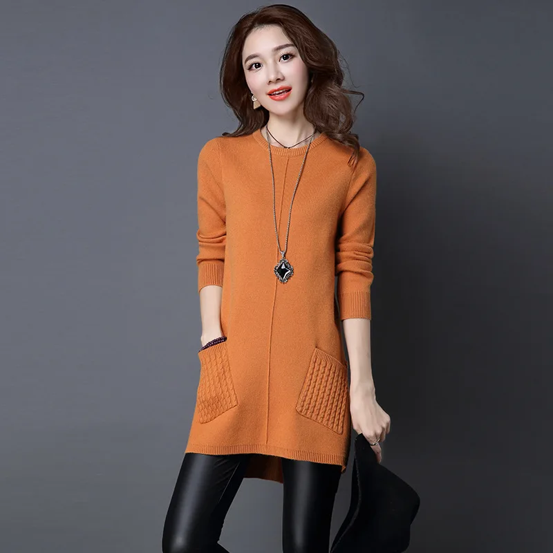 Fdfklak Autumn Winter Sweater New Women\'s Solid Color Loose Pullover Tops Long-Sleeved Pocket Knit Sweaters Dress Pull Femme 3XL