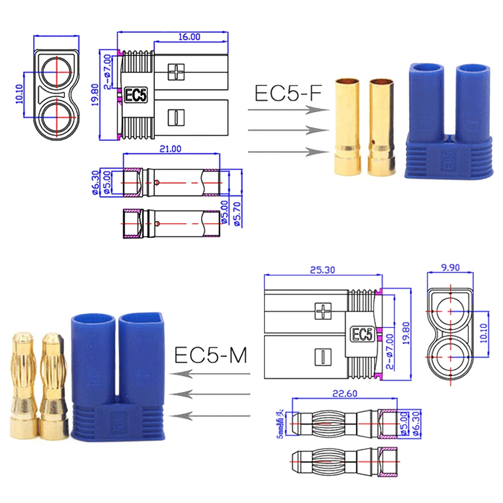 5 set/lote EC3 3mm/EC5 5mm macho hembra conector de bala dorada enchufe para RC ESC Motor Lipo batería coche avión barco hecho a mano piezas de