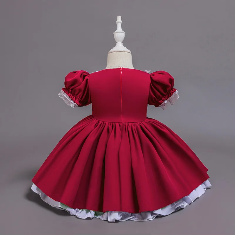 Spring Puff Sleeves Lace Bow-tie Satin Red Princess Dress  Baby Girl Christmas Gown O Neck Child 2 Daily Dress