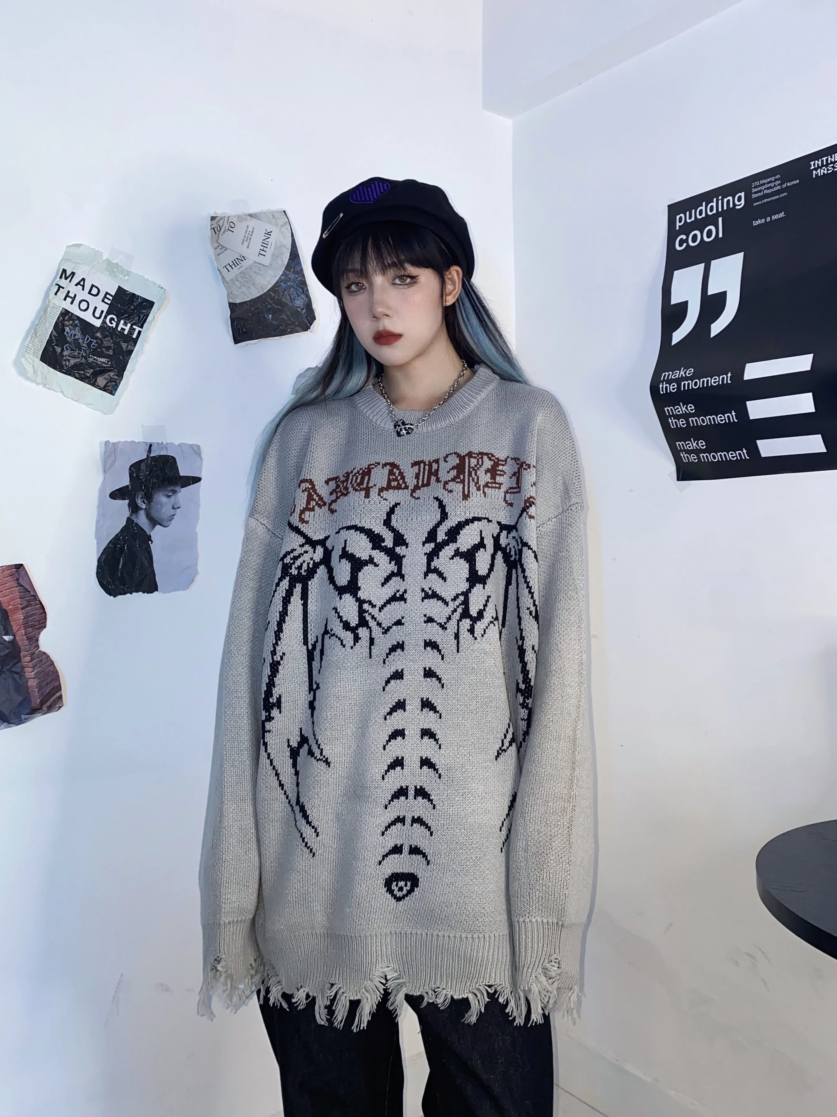 Hip Hop Streetwear Knitted Sweater Gothic Letter Bat Skeleton Print Pullover 2021 Men Autumn Harajuku Cotton Casual Sweater