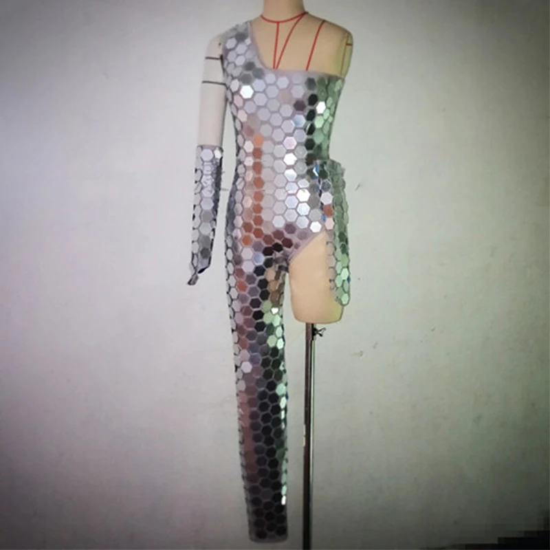 Silver Mirror Sequins High Score One-Leg Jumpsuit Men Women Mirror Suit Stage Dance Performance Clothing Nightclub Wear DNV12872