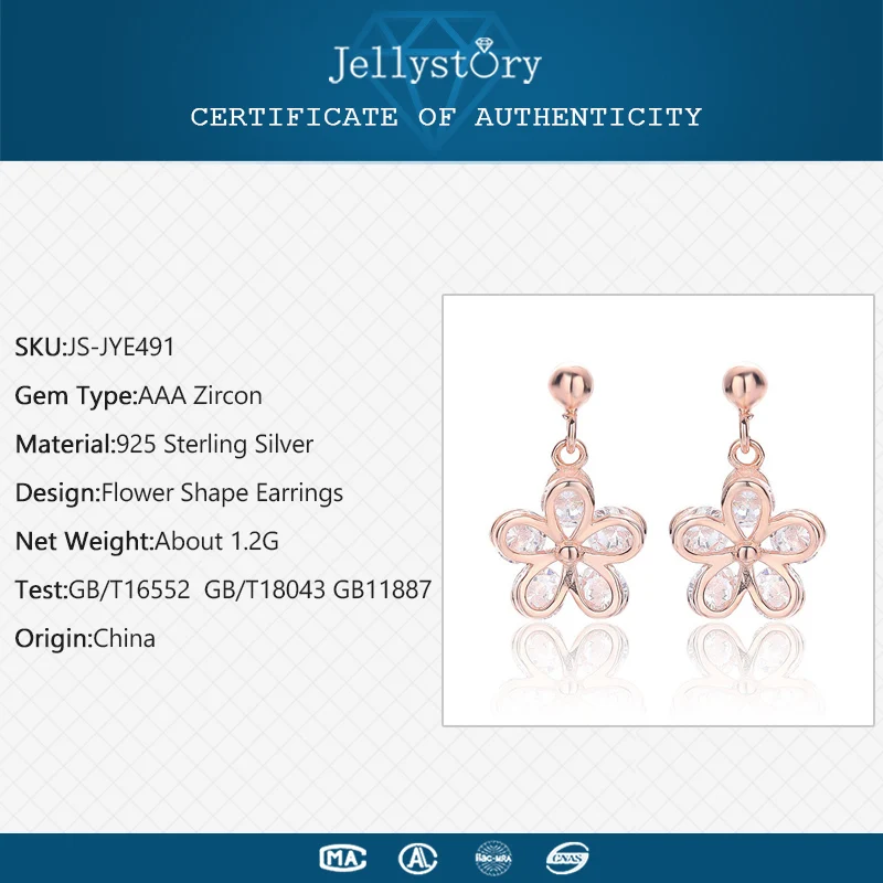 Jellystory Trendy Sterling Silver 925 Jewellery Drop Earrings Flower shape Zircon Earring for Women Wedding Party Gift Rose Gold