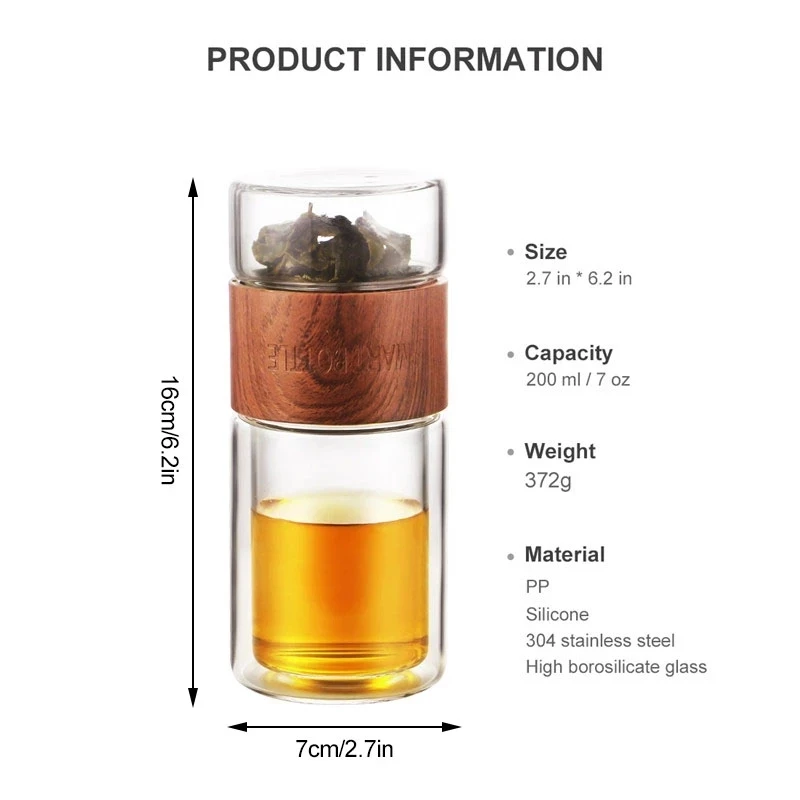 Yomeei-ポータブルトラベルウォーターボトル,200ml,二重壁ガラス,ティーインフューザー,ステンレス鋼フィルター