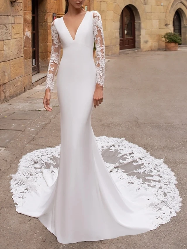 Vestidos De novia De sirena con cuello en V, manga larga De encaje, botones De talla grande, vestido De novia De Mairee