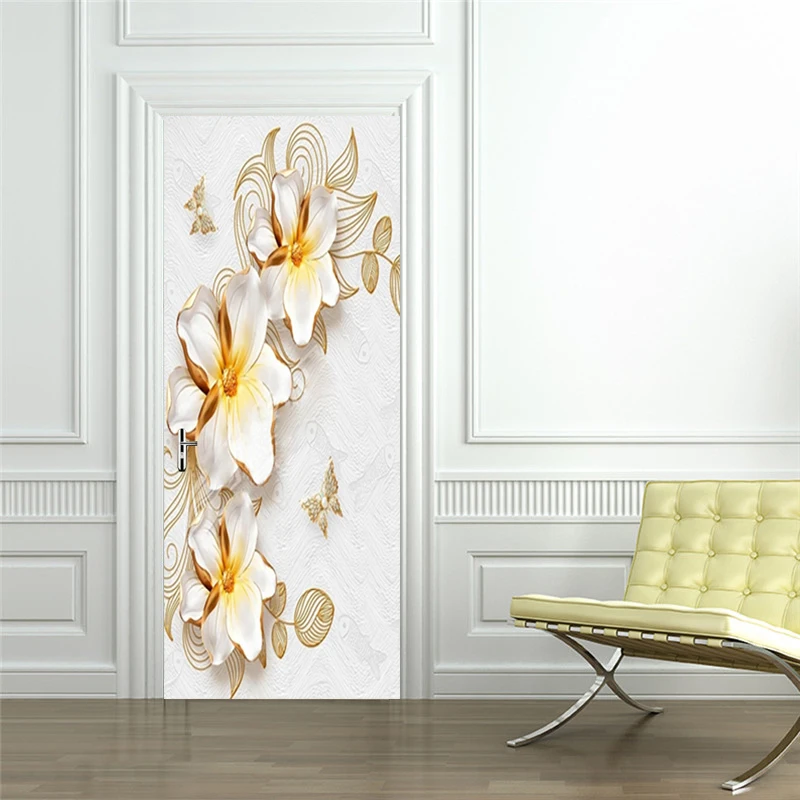 Creative 3D Flowers Butterfly Door Sticker for Bedroom Living Room Wall Decoration PVC Waterproof Self-adhesive DIY Photo Mural