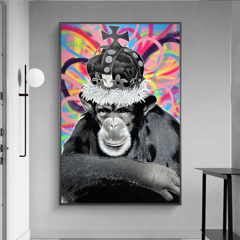 Monkey with Black Hat Graffiti Art Paintngs Print on Canvas Art Posters and Prints Animals Street Art Pictures Home Wall Decor