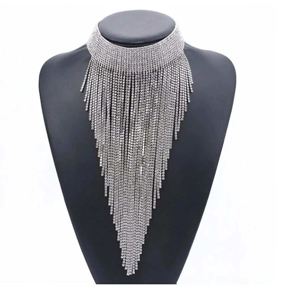 Luxury Rhinestone Long Tassel Chain Choker Necklace Wedding Jewelry for Women Shiny Crystal Statement Collar Choker Necklaces